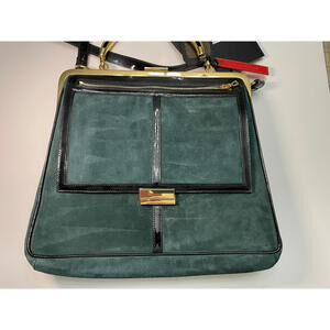 Green Suede Clutch Balmain x HM Leather Gold Handle Jeweled Accents Purse